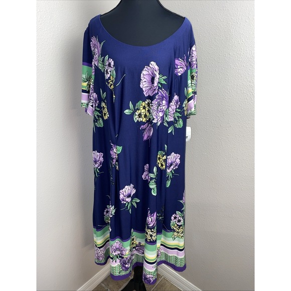 New Chris McLaughlin Shift Dress 22W Navy/Purple‎ Floral Striped Stretch Spring - Picture 1 of 11